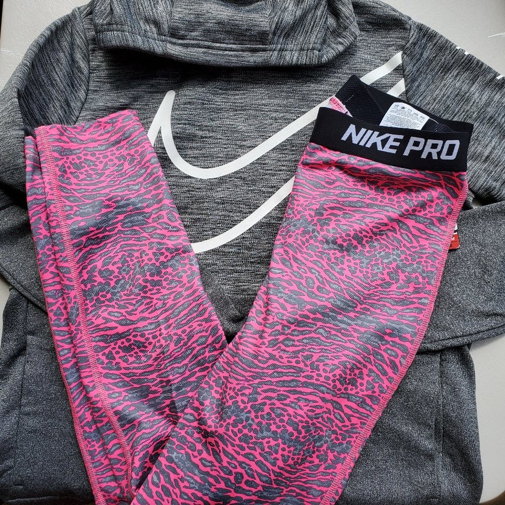 Nike Girls XL Hoodie Sweatshirt w/ dri-fit leggings Leopard Pink Gray Winter NEW
